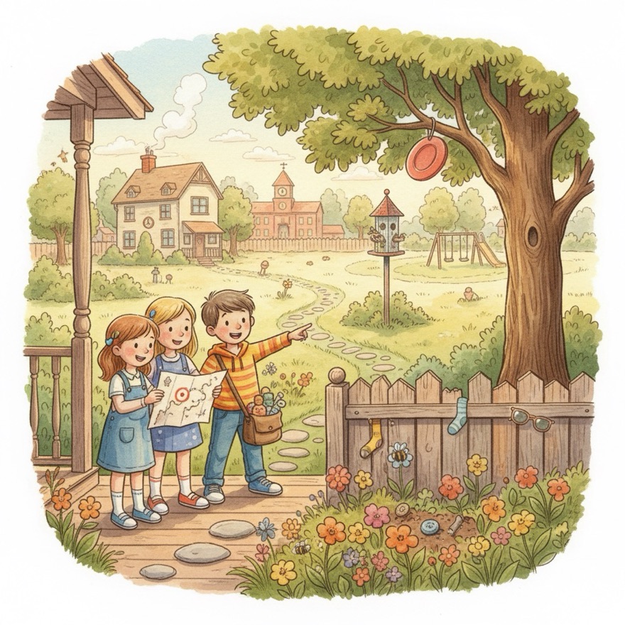 Backyard Detectives cover — a watercolor of three friends solving a mystery with a map in a garden