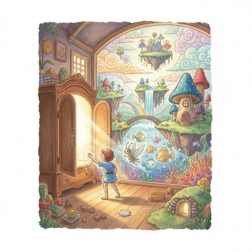 The Hidden Realms cover — a watercolor of a child stepping through a wardrobe into a magical world