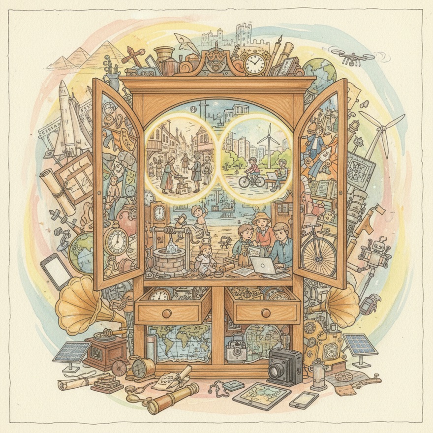 The Time Cabinet cover — a watercolor cabinet opening onto scenes from history