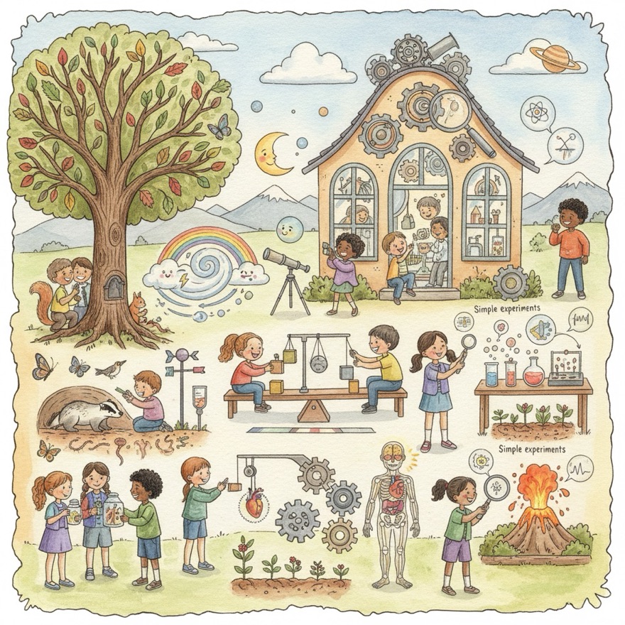 The Wonder Workshop cover — a watercolor of children exploring science, nature, and machines