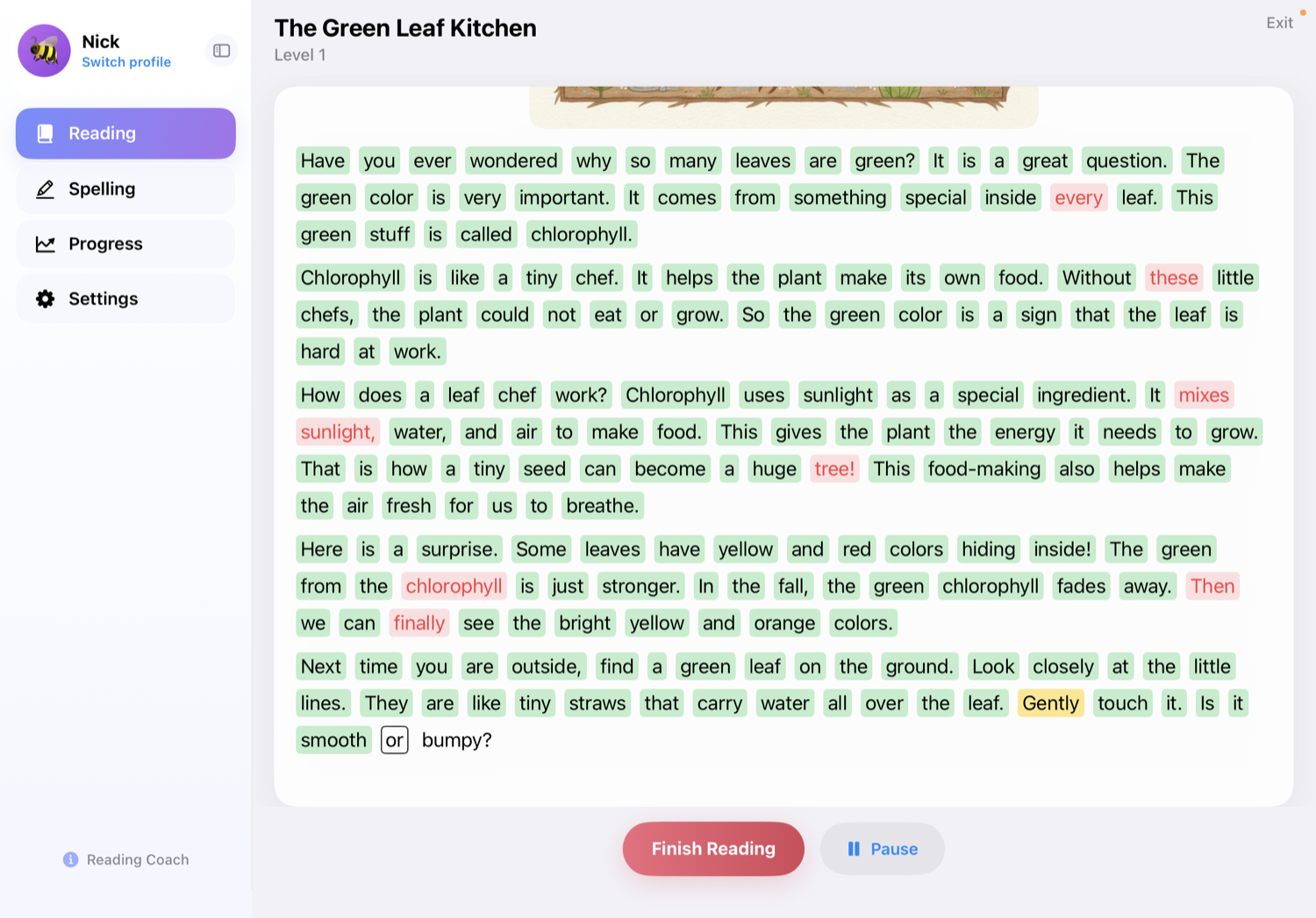 Reading Coach highlighting each word green as a child reads aloud, with a missed word shown in red