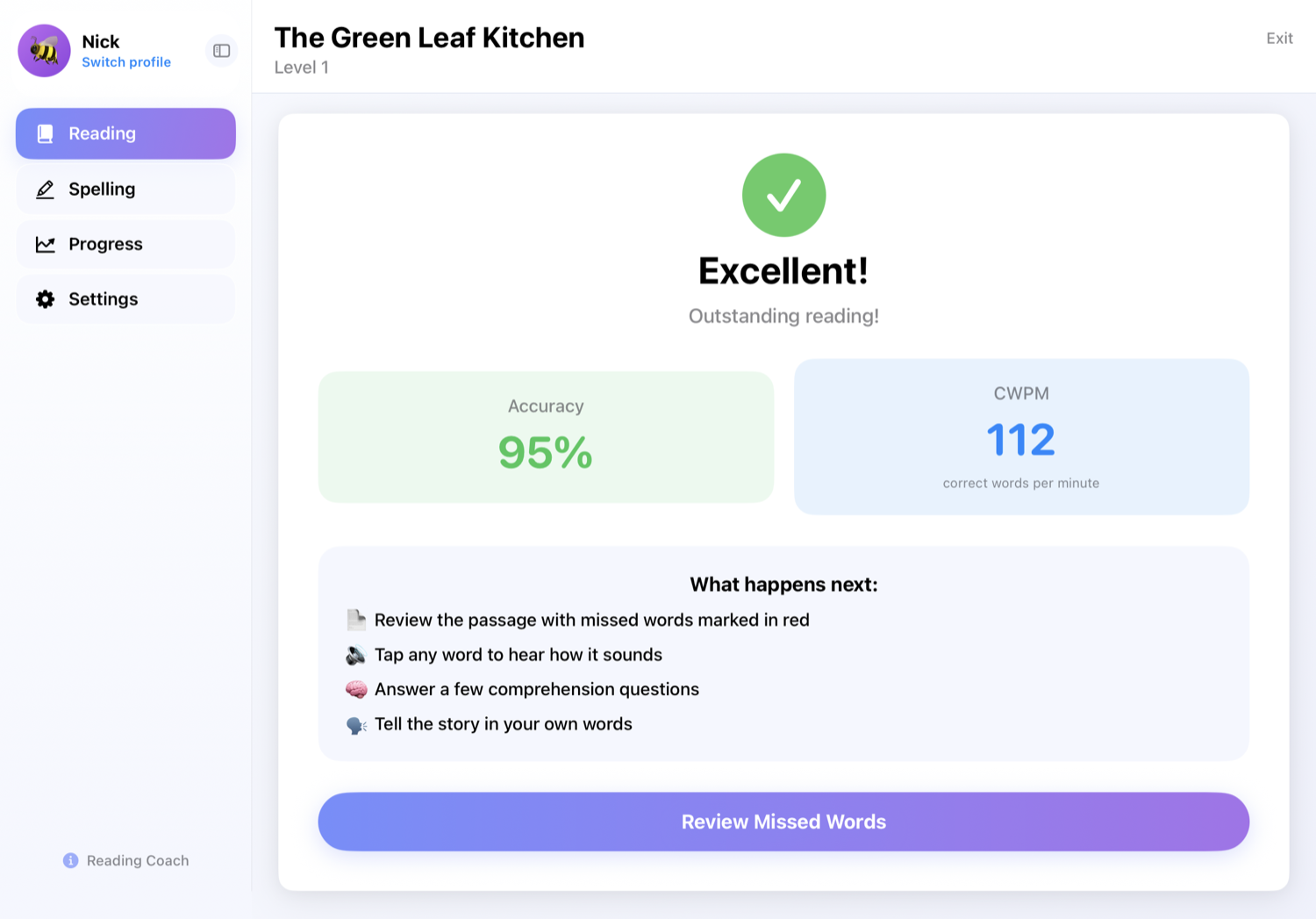 Results screen reading Excellent! with 95% accuracy and 112 correct words per minute