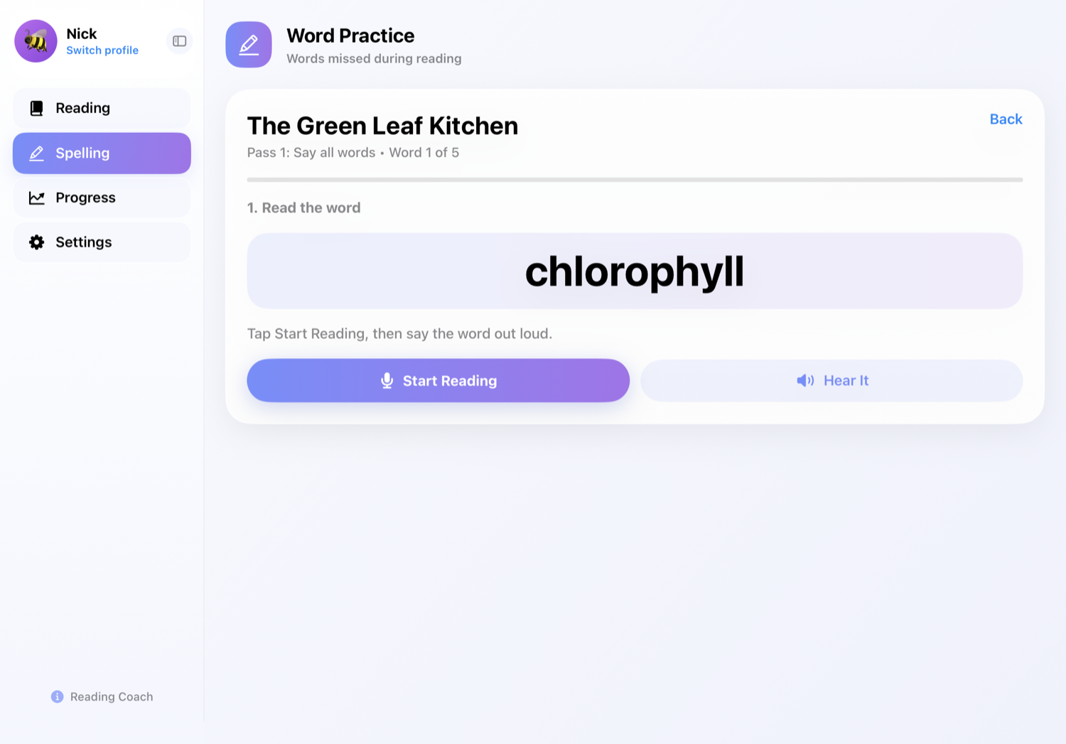 Word Practice screen reinforcing a word missed during reading: chlorophyll